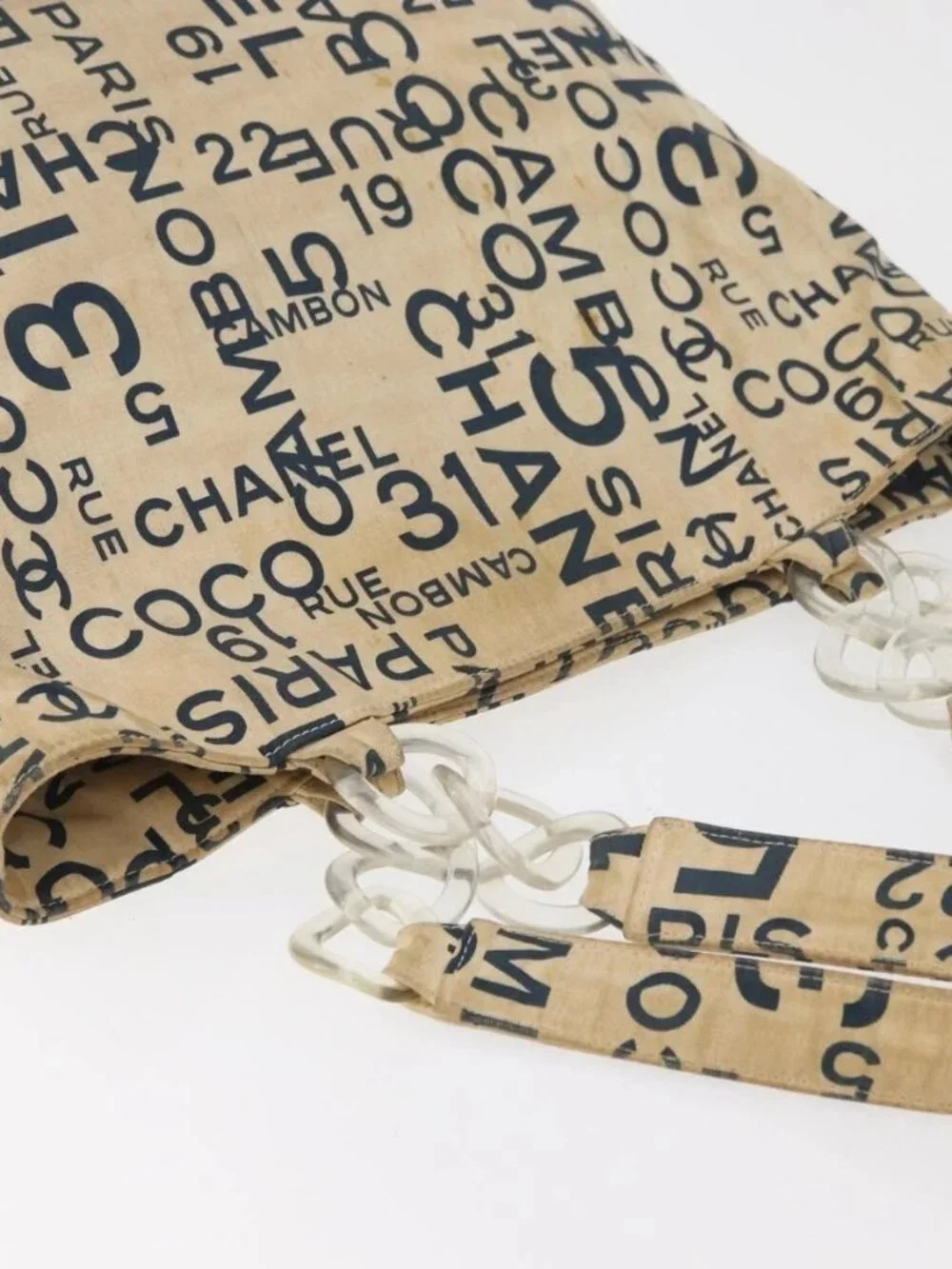 CHANEL By Sea Line Tote Bag Canvas White Silver CC Auth 179915